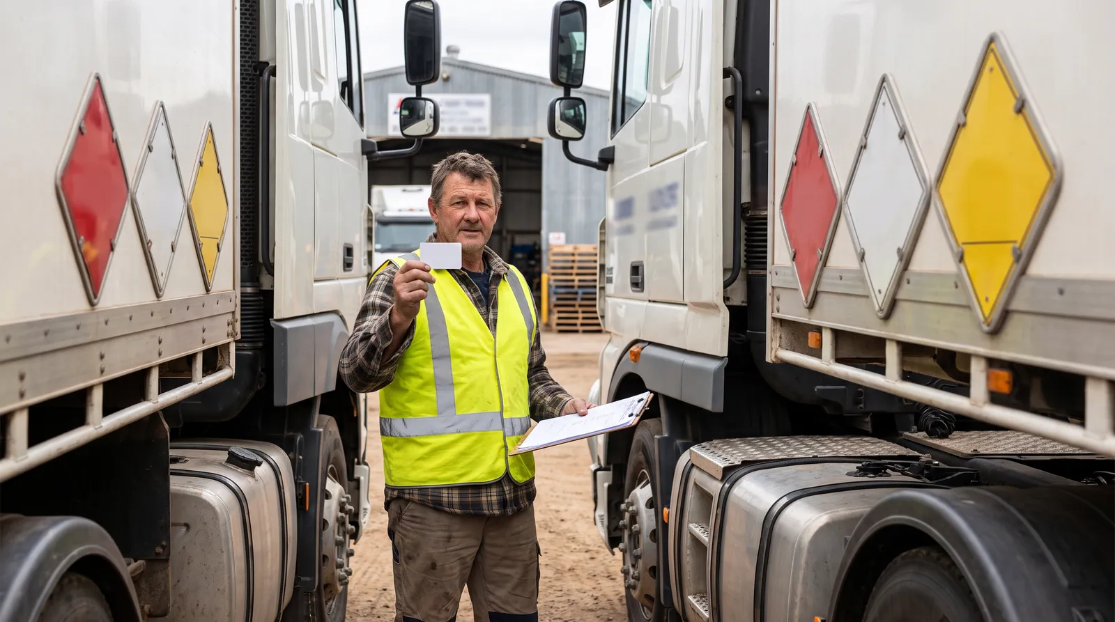 A smiling worker in a safety vest holding a dangerous goods licence card