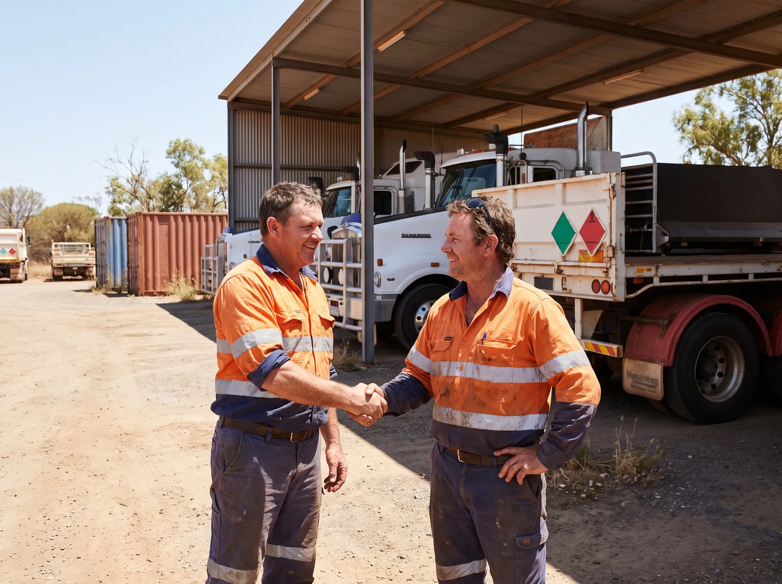 Two workers shaking hands in front of a row of trucks