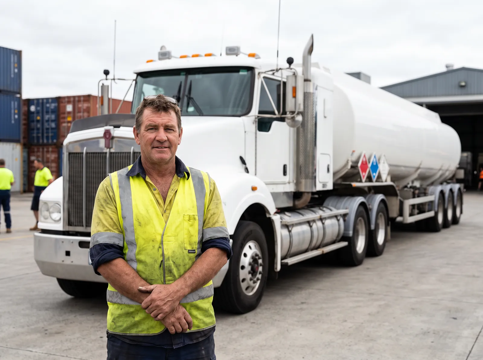 A truck driver giving a thumbs up in front of a white tanker