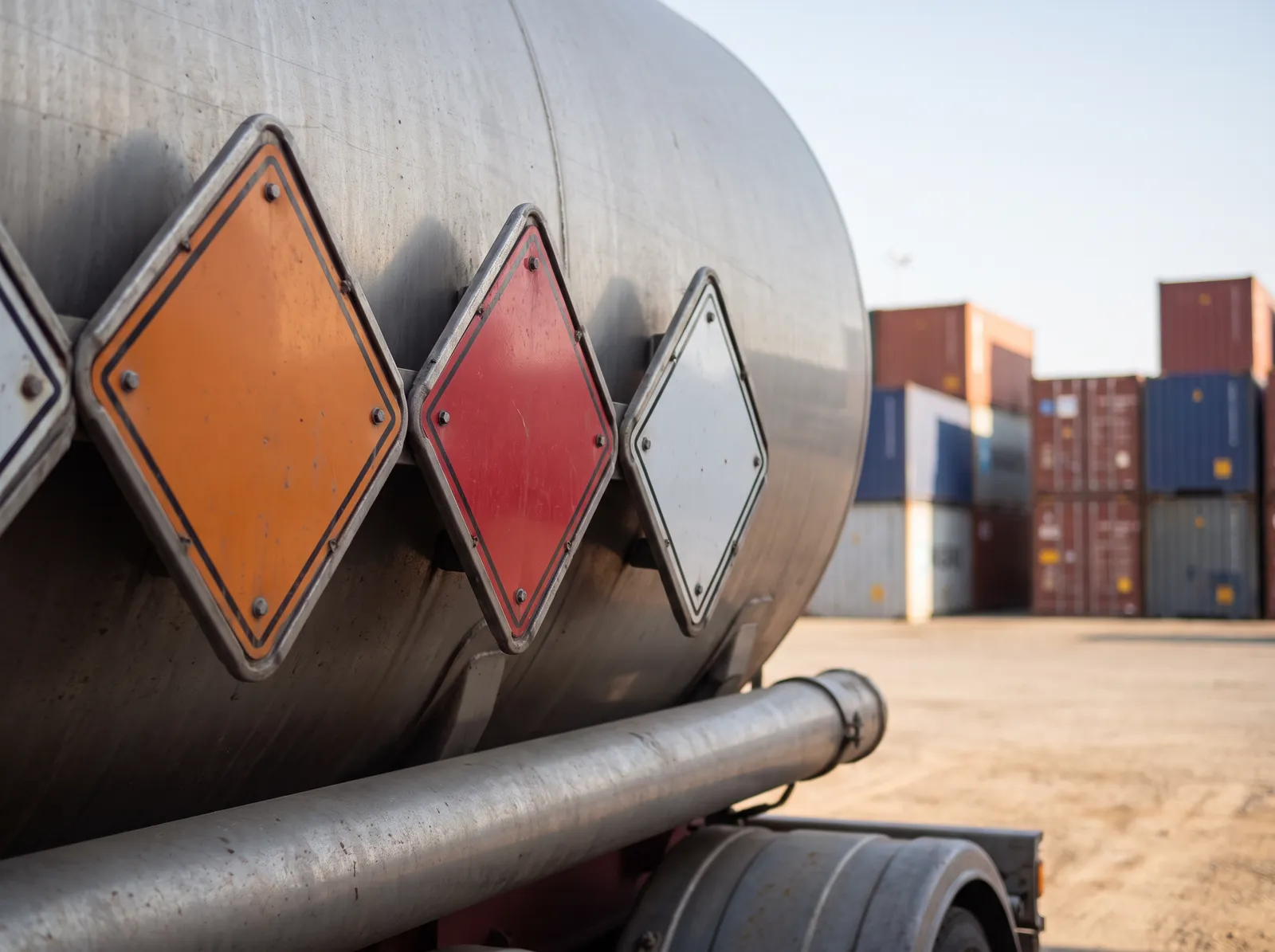 Close-up of dangerous goods placards on a tanker at a shipping port
