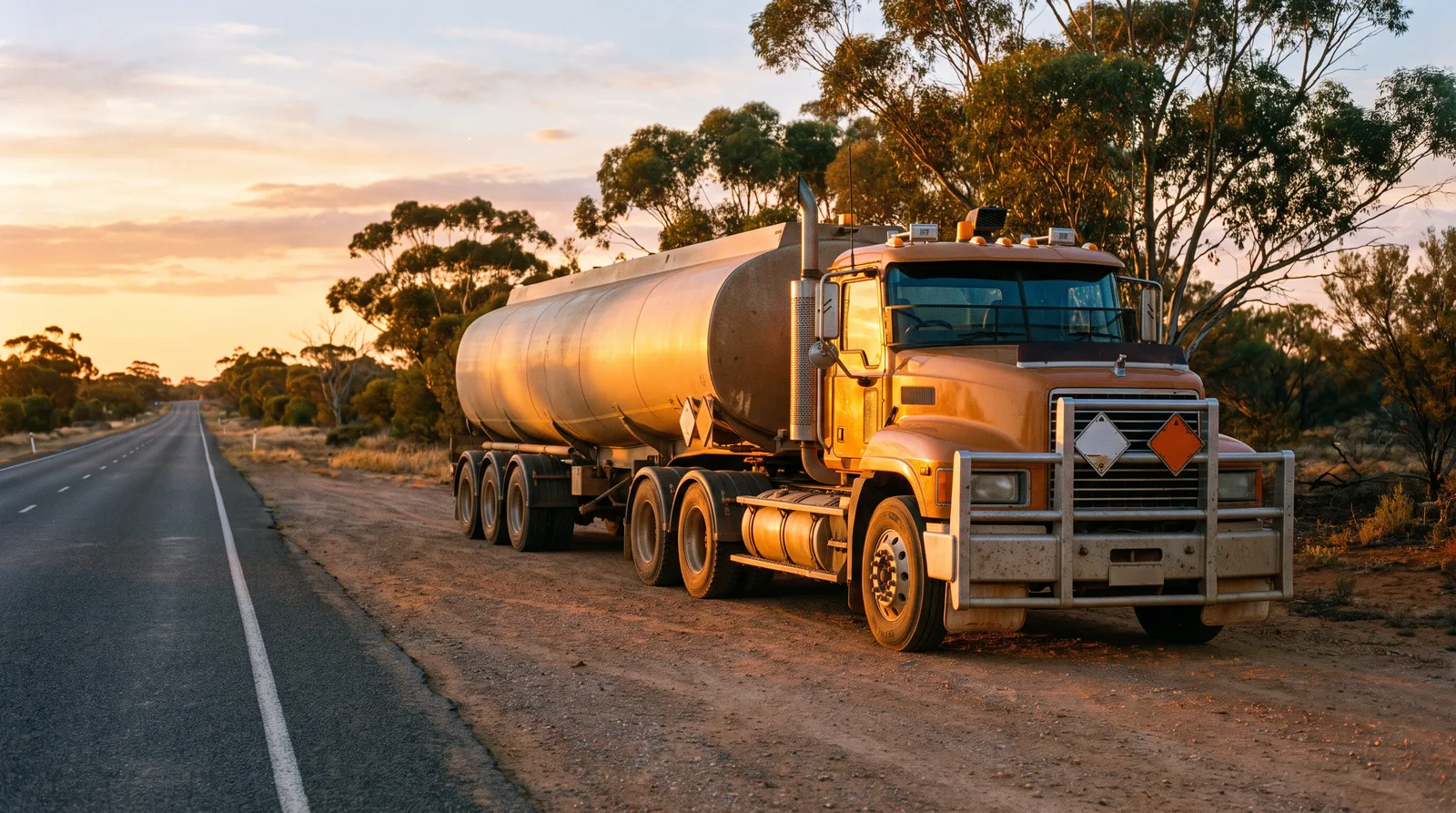 A white tanker truck parked beside a highway at sunset