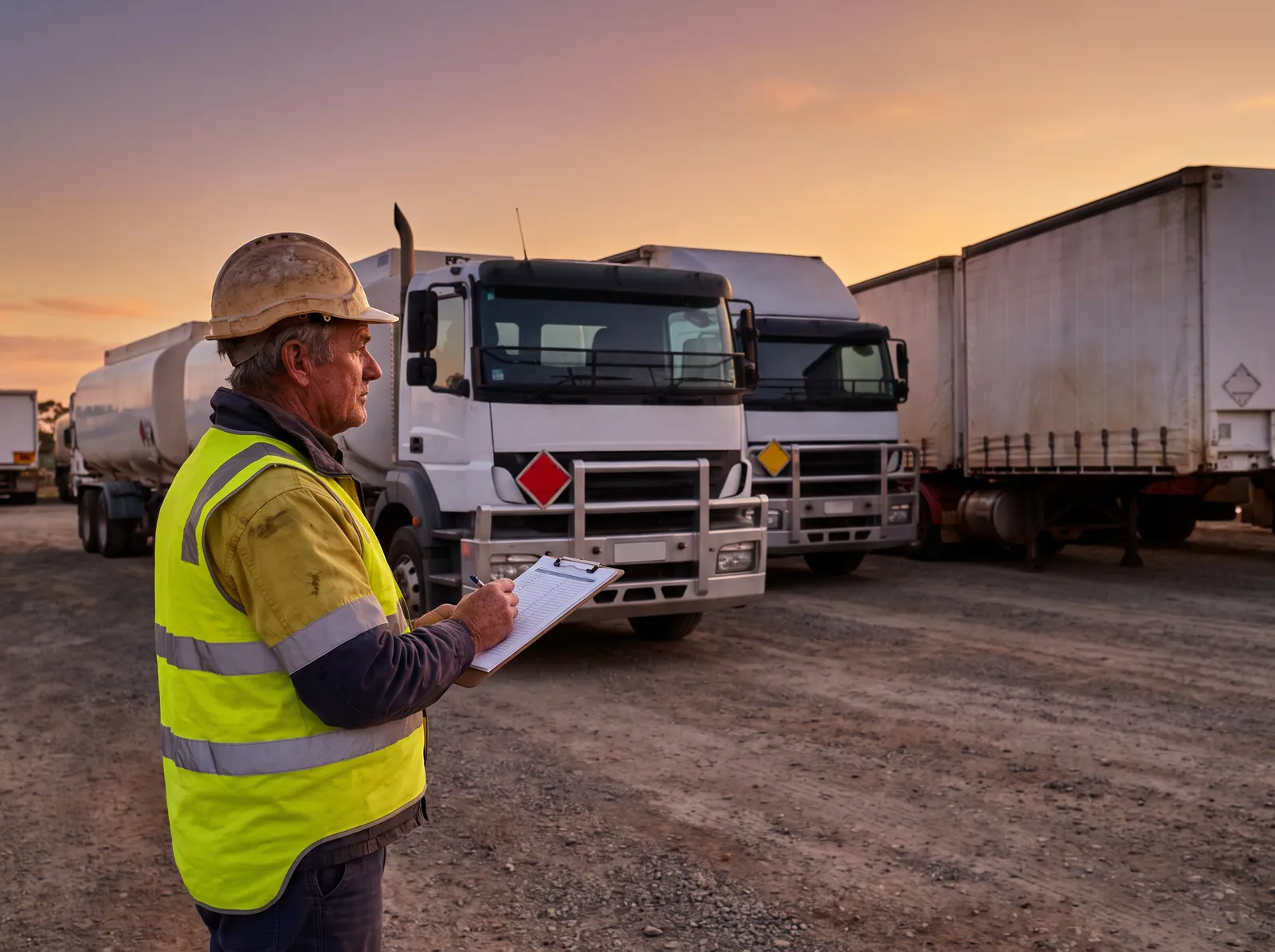 A worker in a high-visibility vest inspecting a fleet of trucks at sunset