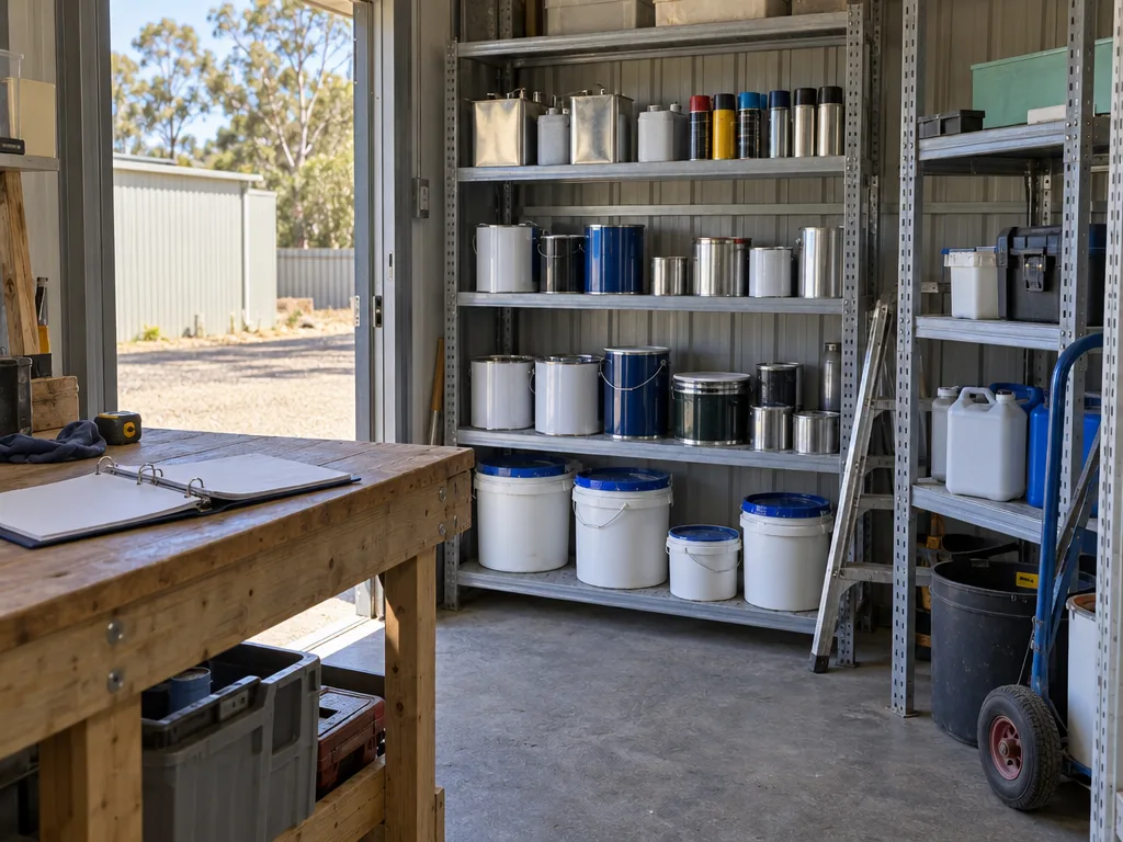 Illustration of a small workshop storeroom with paint tins, solvent cans, aerosols and buckets on steel shelving