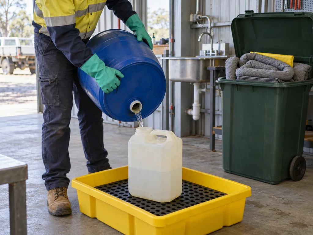 Generic scene in a small Australian workshop: gloved hands (no face shown) pouring liquid from a blue plastic drum into a smaller plastic container over a yellow spill tray, a wheelie-bin style spill kit against the wall and a sink behind