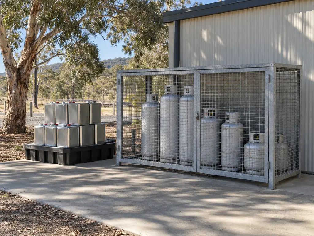 Generic outdoor scene behind a small Australian commercial building: a row of LPG cylinders of different sizes standing upright in a ventilated galvanised steel mesh cage on a concrete slab, a stack of metal tins on a bunded pallet nearby, in eucalypt shade