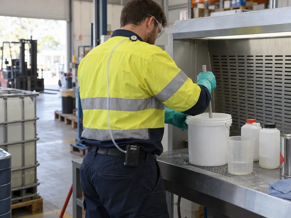 A worker in hi-vis and safety glasses, seen from behind, stirring liquid in a bucket at a ventilated bench, with a personal air-sampling pump clipped to the belt and thin tubing running up to the collar