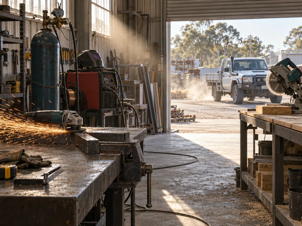 An Australian light-industrial workshop with an angle grinder throwing sparks on a steel bench, a MIG welding set beside it, a circular saw on a timber offcut, and dust hazing the air in a shaft of light.